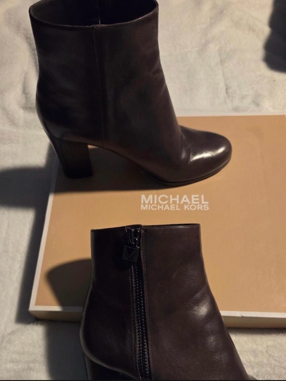 MICHAEL Michael Kors Dark Brown Leather Ankle Booties with Block Heel